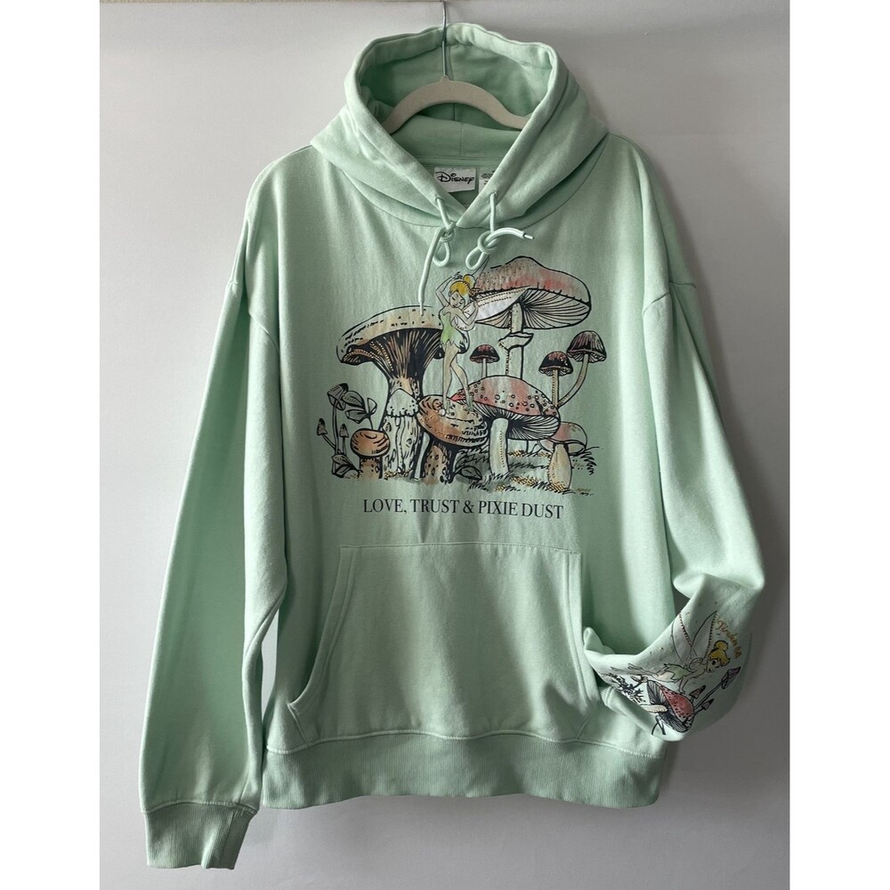 Disney Tinker Bell Graphic Pullover Hoodie Mint Green Long Sleeve Size XL